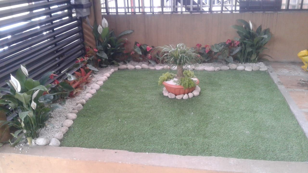 Patio interior con zacate sintético, plantas y borde de piedra blanca