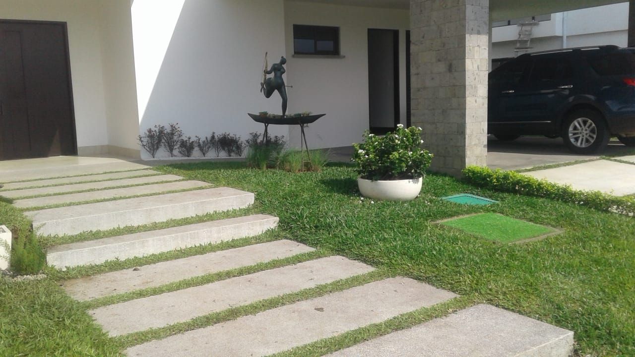 Entrada de casa con sendero de losetas sobre zacate y macetero